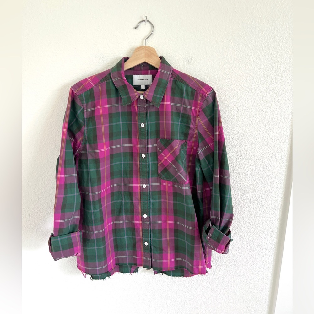 CURRENT/ELLIOTT pink green plaid long sleeve button down open back / size 8